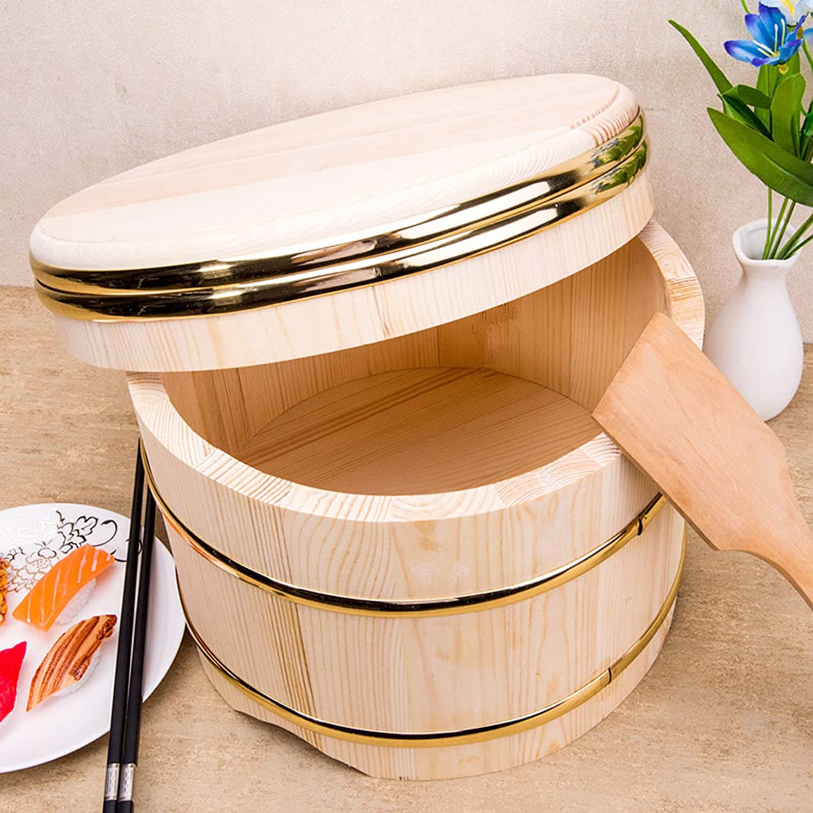 Drewniana miska do ryżu sushi z pokrywką, miedziana krawędź Hangiri Sushi Oke Sushi Wanna do mieszania ryżu, akcesoria do robienia sushi do restauracji domu kuchni, duża