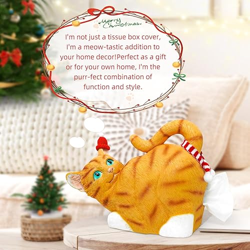 Miniatura 2 de Bonito soporte para caja de pañuelos de gato, divertido regalo de Navidad, color naranja con bufanda de Navidad y sombrero de Navidad, se adapta a