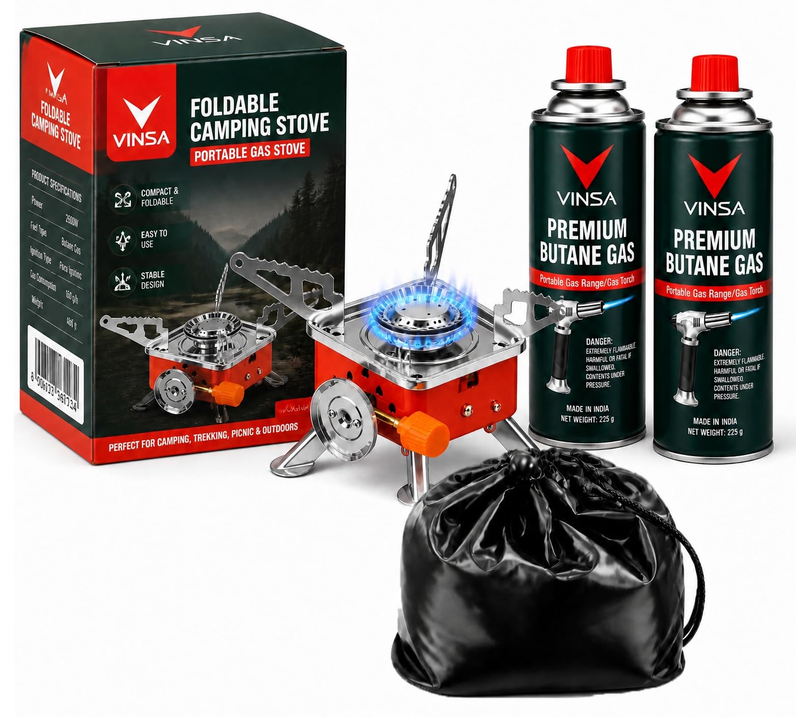 Vinsa Portable Camping Gas Stove with 2 Butane Canister | Foldable Single Burner Stove with Carry Case | Adjustable Flame | Lightweight Compact Kit for Camping, Hiking, Travel & Outdoor Cooking