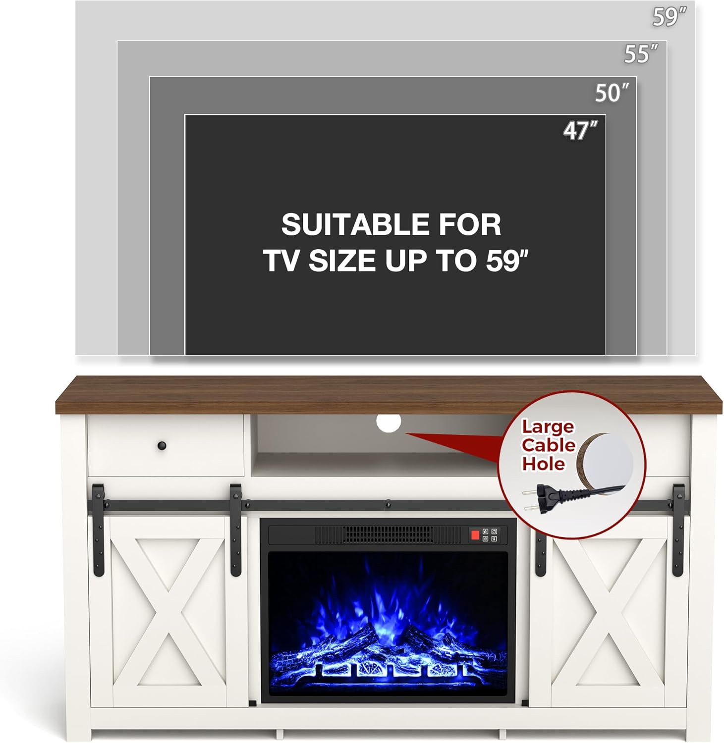 Pamapic 59" Fireplace TV Stand,Sliding Diamond Door,Up to 73" TV,23" Electric Fireplace,12-Color LED Variable Light,Entertainment Center,TV Stand for Living Room,White