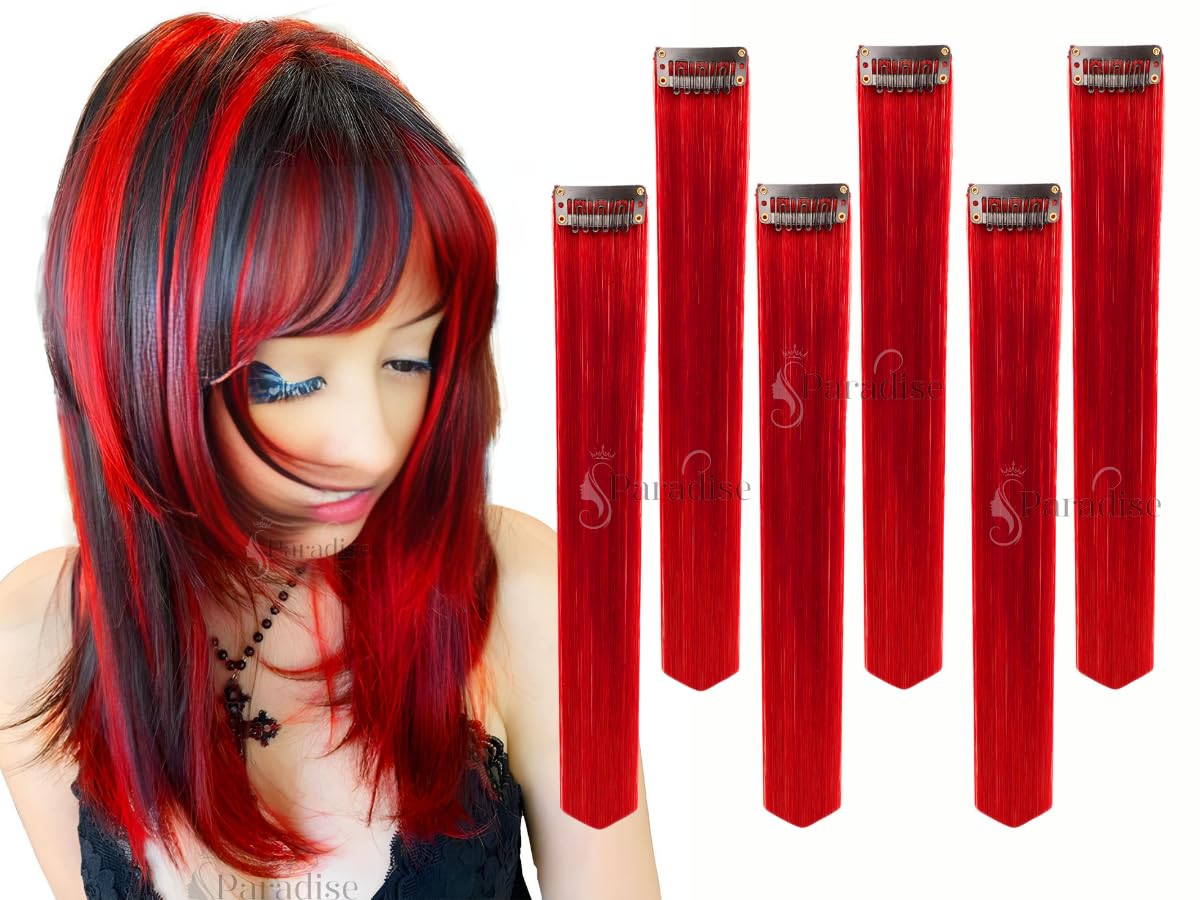 Paradise® Red Extensions for Girls, 22 inches, Pack of 6 Clip-In -Hair Extensions ForWomen Real Hair Straight Colored Hairs Streaks(Strips) To Highlights Instantly Party Funky Synthetic Hair Patches-image-21