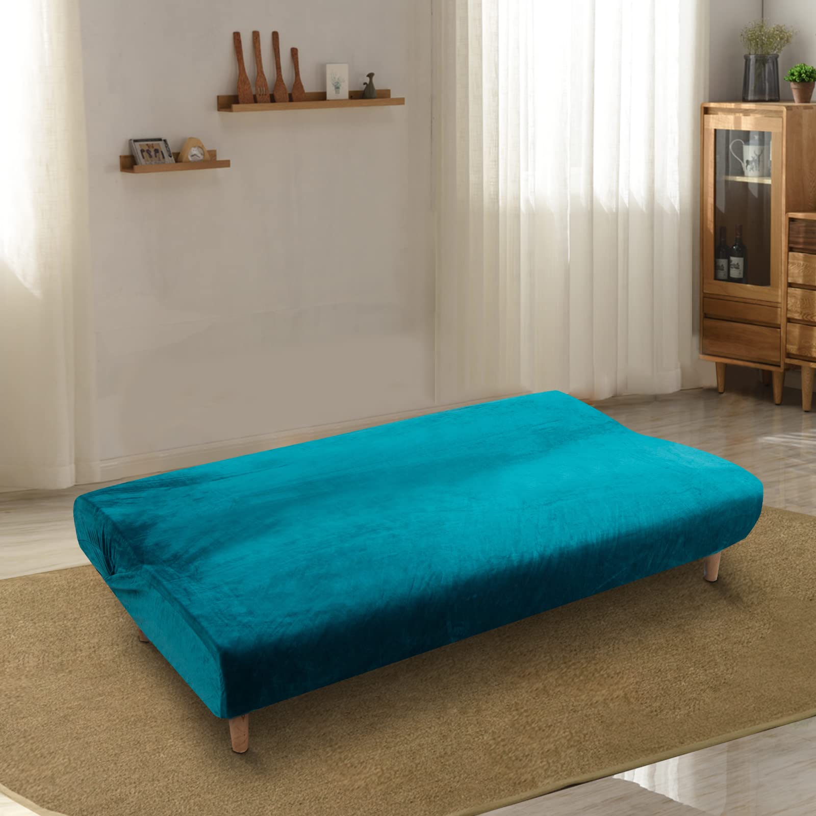 Lydevo Copridivano 3 Posti Senza Braccioli Elasticizzato Universale, Copridivano Letto Pieghevole Clic Clac Lavabile Rimovibile Estraibile, Fodera per Divano Futon per Soggiorno Casa,Samt Verde