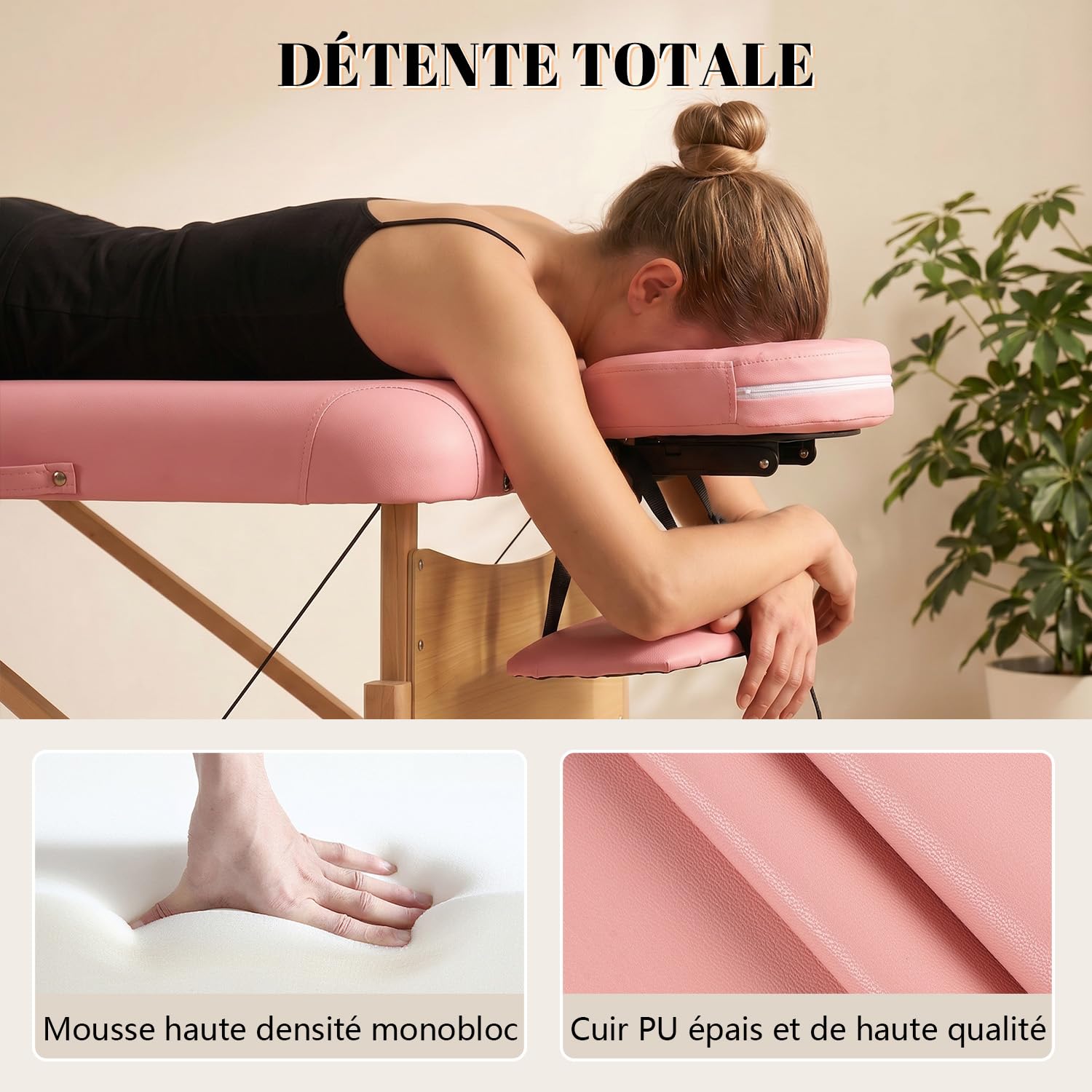 kidol&shellder Lit de Massage 70cm, Pliable Portable, 250kg capacité, 9cm Rembourrage PU, Sac de Transport, Appui-tête Amovible, Rose