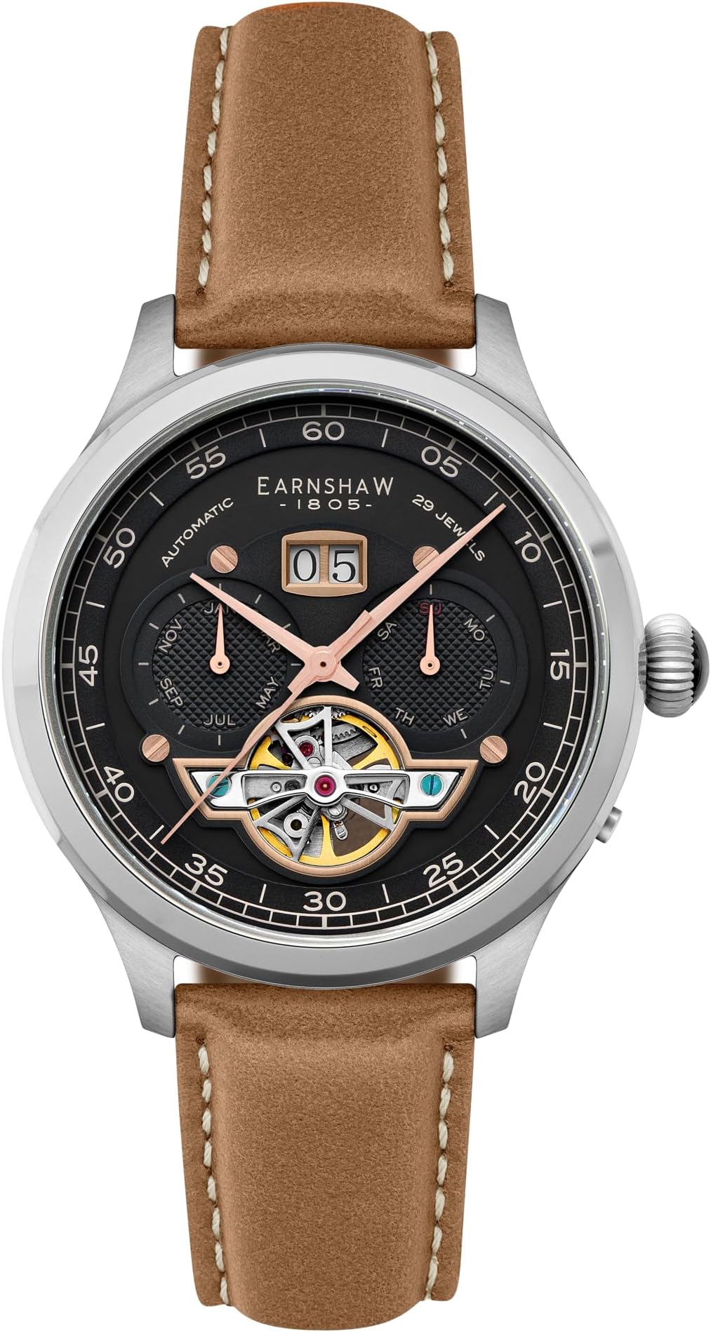 Baron Men's Watch – Automatic Open-Heart Movement, Grand Date Calendar, 43mm Stainless Steel Case, Leather Strap, 50m Water Resistant, ES-8187