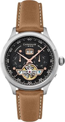 Thomas Earnshaw Baron Men's Watch Automatic Open-Heart Movement, Grand Date Calendar, 43mm Stainless Steel Case, Leather Strap, 50m Water Resistant, ES-8187