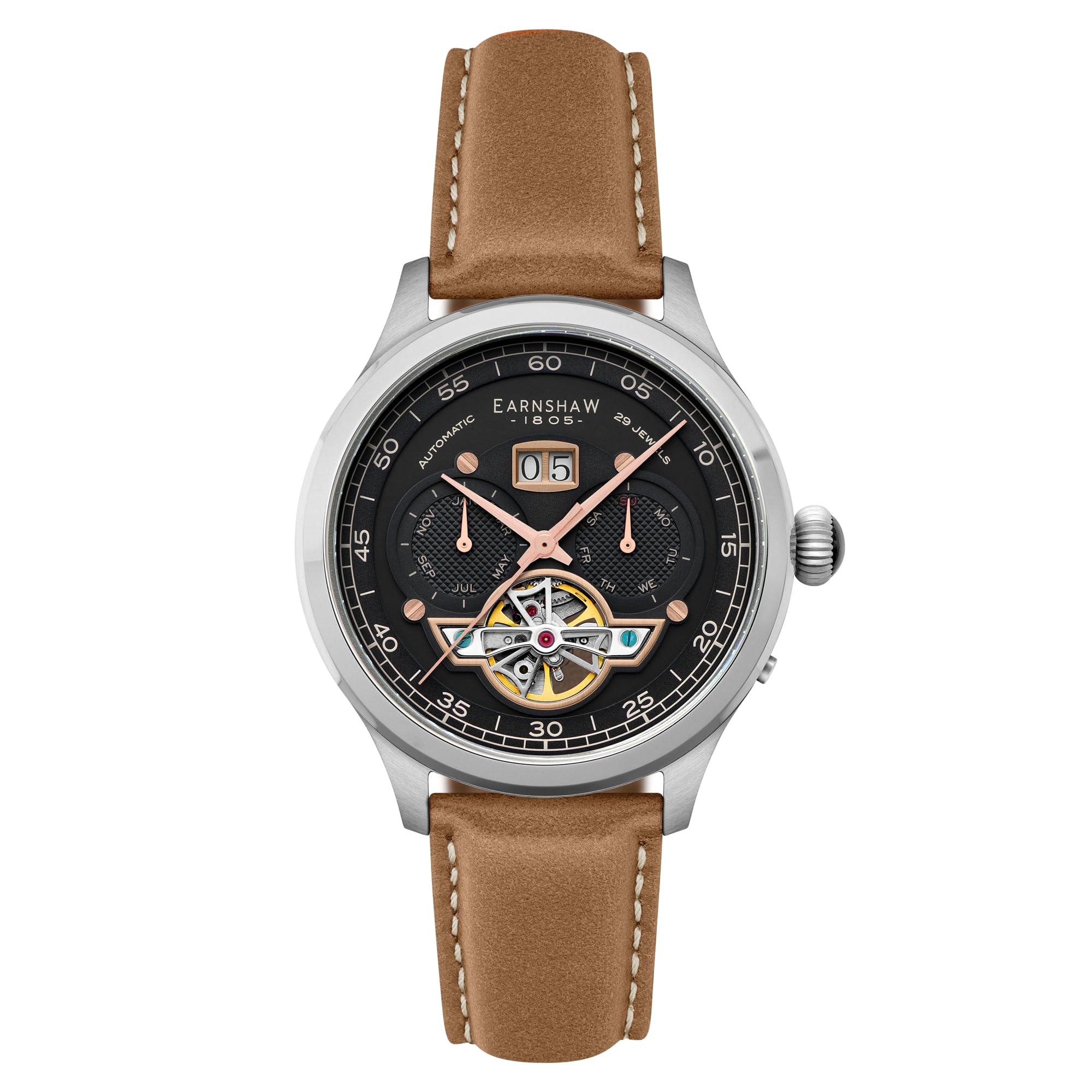 Thomas Earnshaw Baron Men's Watch – Automatic Open-Heart Movement, Grand Date Calendar, 43mm Stainless Steel Case, Leather Strap, 50m Water Resistant, ES-8187