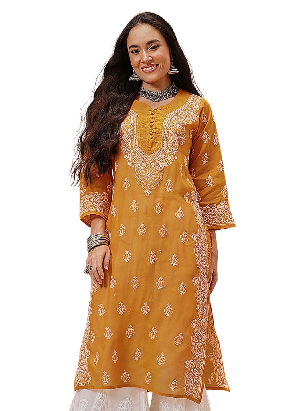 Ada Women Cotton Regular Hand Embroidered Lucknowi Chikankari Straight Kurta Kurti