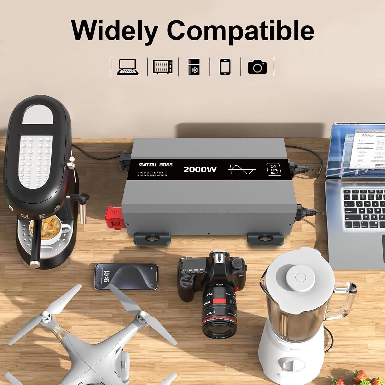DATOUBOSS inverter connected to various household and electronic devices like a coffee machine, laptop, camera, drone, and blender, demonstrating wide compatibility.