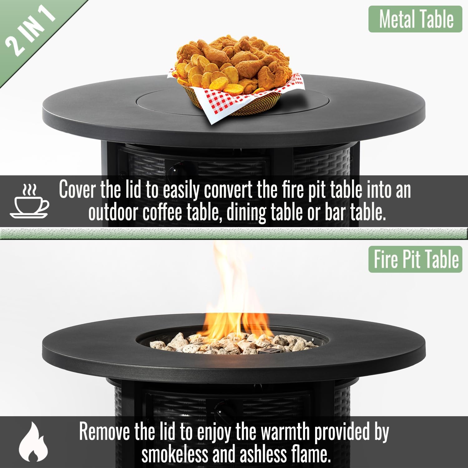 Propane Fire Pit Table, 32” Firepits for Outside, Round Gas Fire Pit for Outside Patio, Propane Fire Table with Steel Lid, Rocks for Patio, 50000BTU, Tank Inside, Tank Not Included, Black