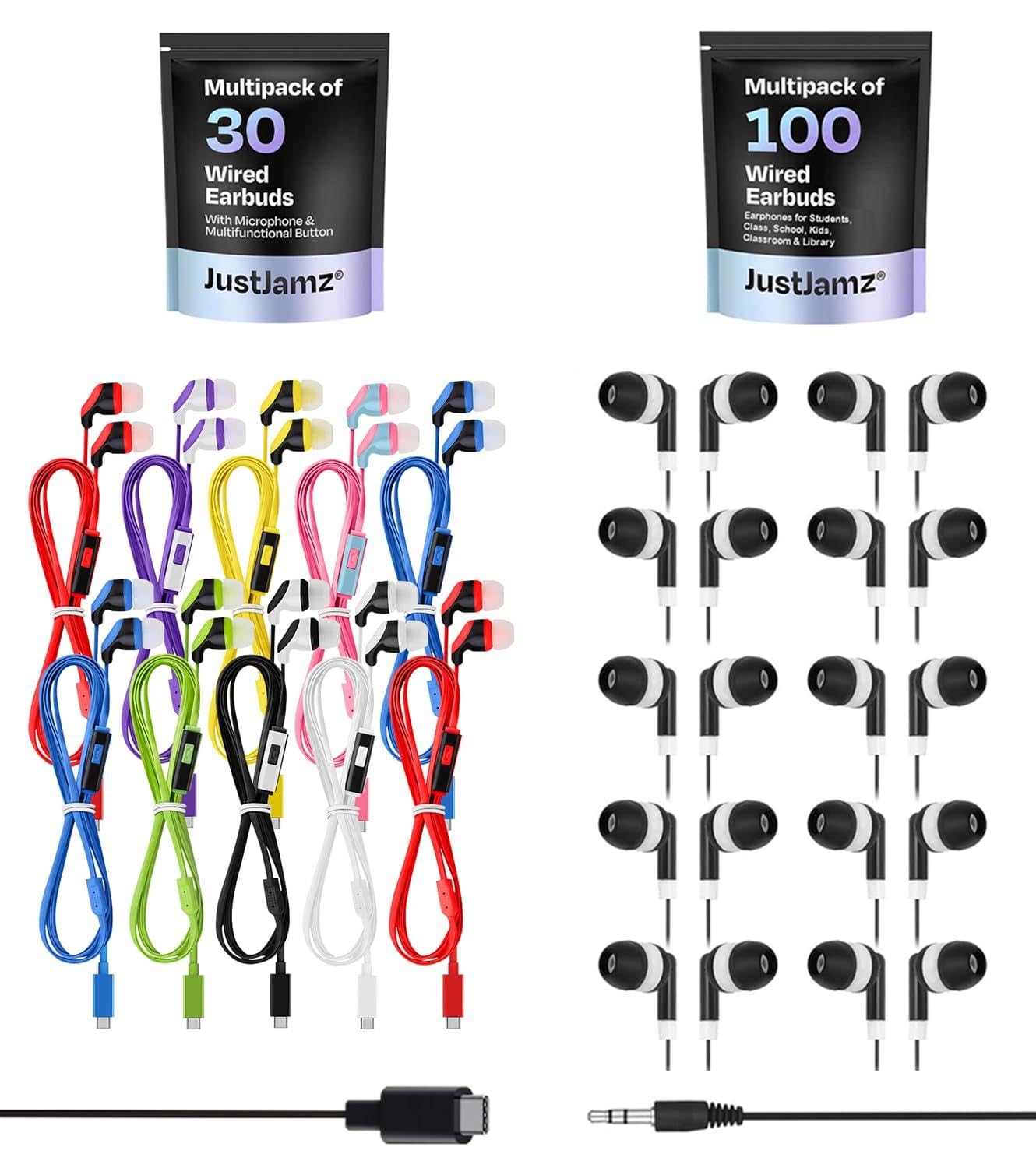 JustJamz 130-Pack Classroom Earbuds | 30 USB-C Headphones with Microphone + 100 Black 3.5mm Listening-Only Earbuds, Wired Earphones for Schools, Zoom, Testing, iPhone 15/16, Chromebooks
