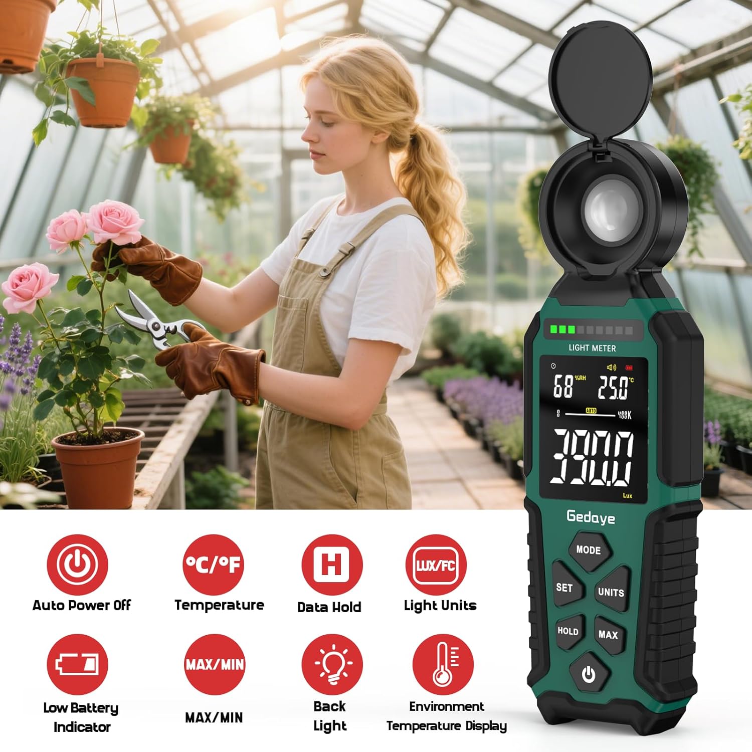Light Meter Lux Foot Candles Meter 0~400,000 Lux Range, Large Backlit Display, Light Meter for Plants Luxmeter Light Meter Digital Illuminance Meter Handheld