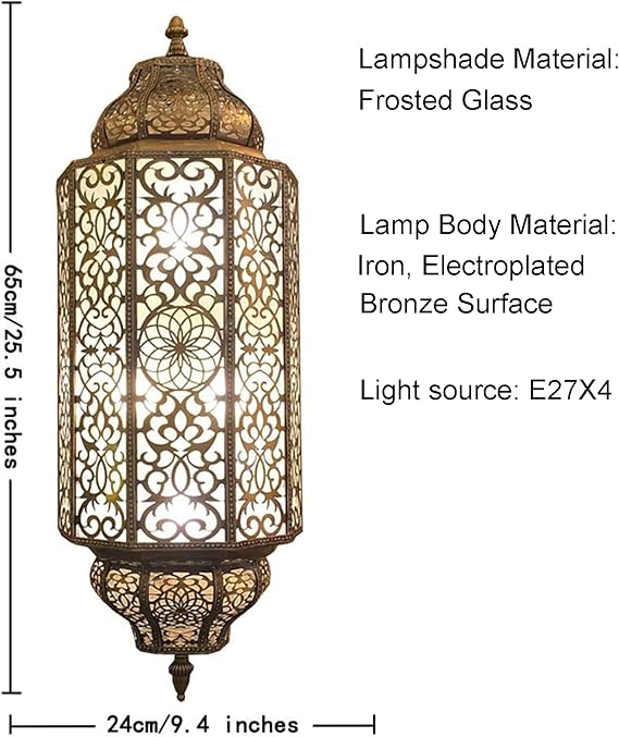 BOTOWI Handmade Moroccan Wall Lamp LED Sconce, Turkish Wall Sconce Vintage Hand Carved Craft Metal Lampshade 24 Height, Frosted Glass Wall Porch Light Wall Lamp for Bedroom Bedside Bar,2PCS,25in [Energy Class A]