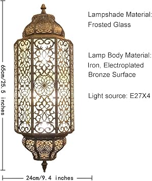 BOTOWI Handmade Moroccan Wall Lamp LED Sconce, Turkish Wall Sconce Vintage Hand Carved Craft Metal Lampshade 24 Height, Frosted Glass Wall Porch Light Wall Lamp for Bedroom Bedside Bar,2PCS,25in [Energy Class A]