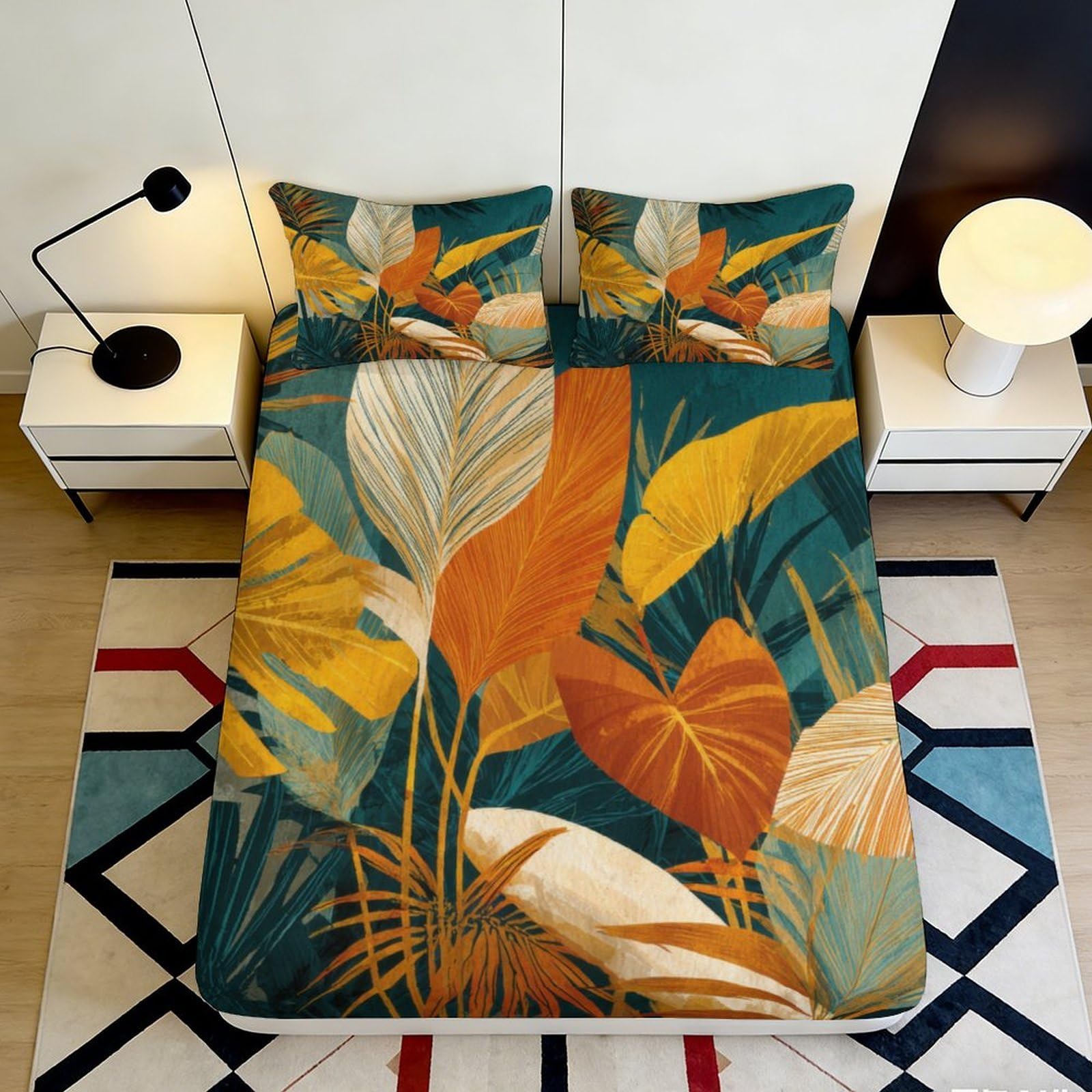 3D Printed Tropical Leaf Fitted Sheet Microfiber Soft Vibrant Botanical Mattress Cover for Bedroom Guest Room Decor 90x200x25cm