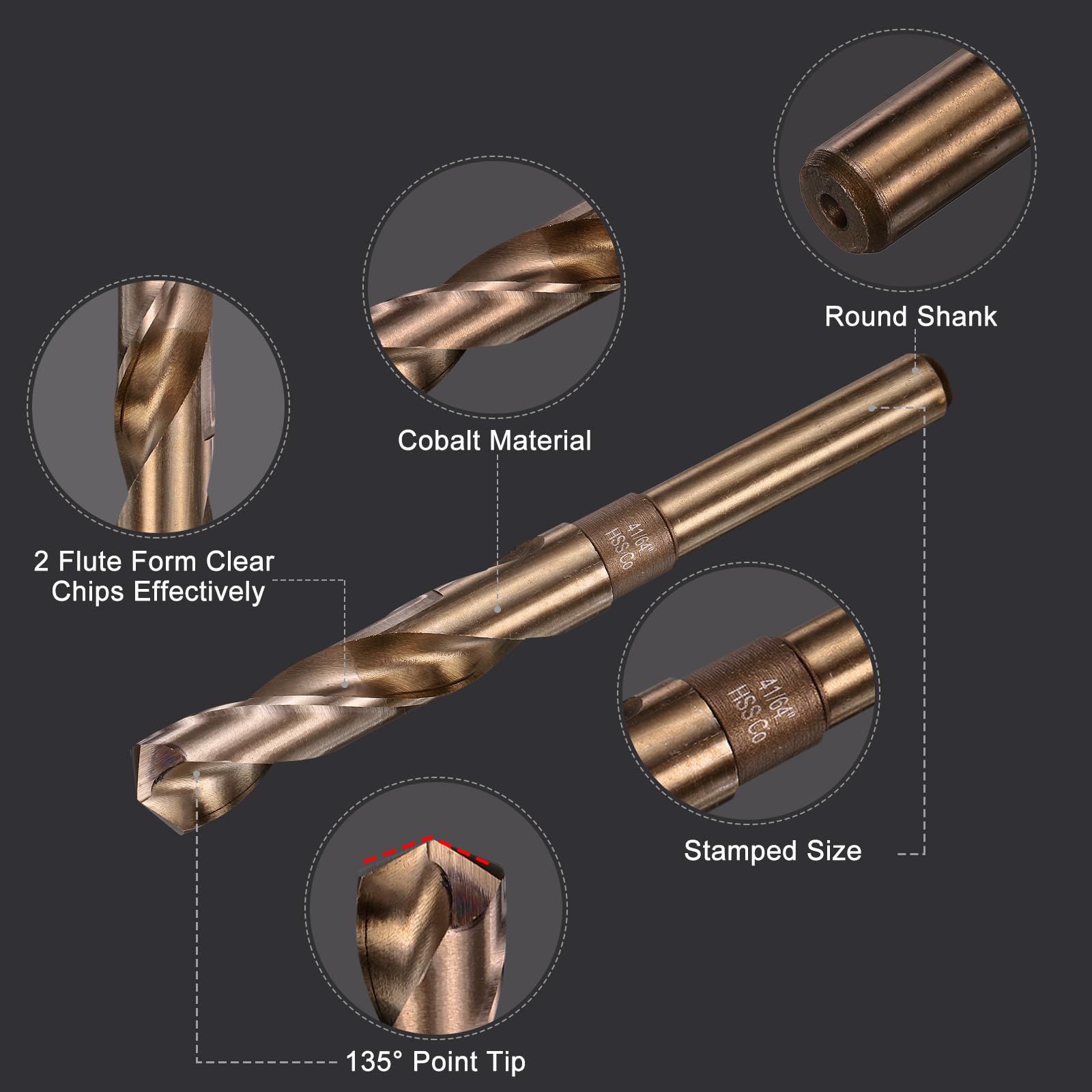 uxcell 3 brocas helicoidales de cobalto M35 de 41/64 pulgadas, broca Jobber de acero de alta velocidad para acero inoxidable, metal endurecido, hierro fundido, aluminio, cobre, acero de aleación