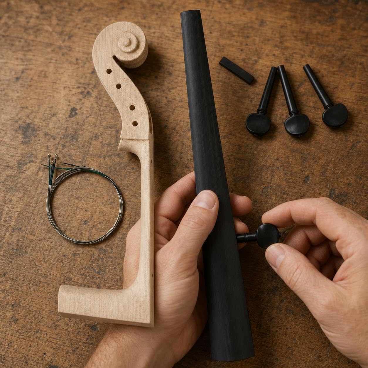 Ricambi Strumento 4/4, Tastiera e Piroli in Ebano, Manico in Acero, per strumenti, Testa in acero per violoncello 4/4 + tastiera in ebano + piroli in ebano a doppio occhio + set di corde