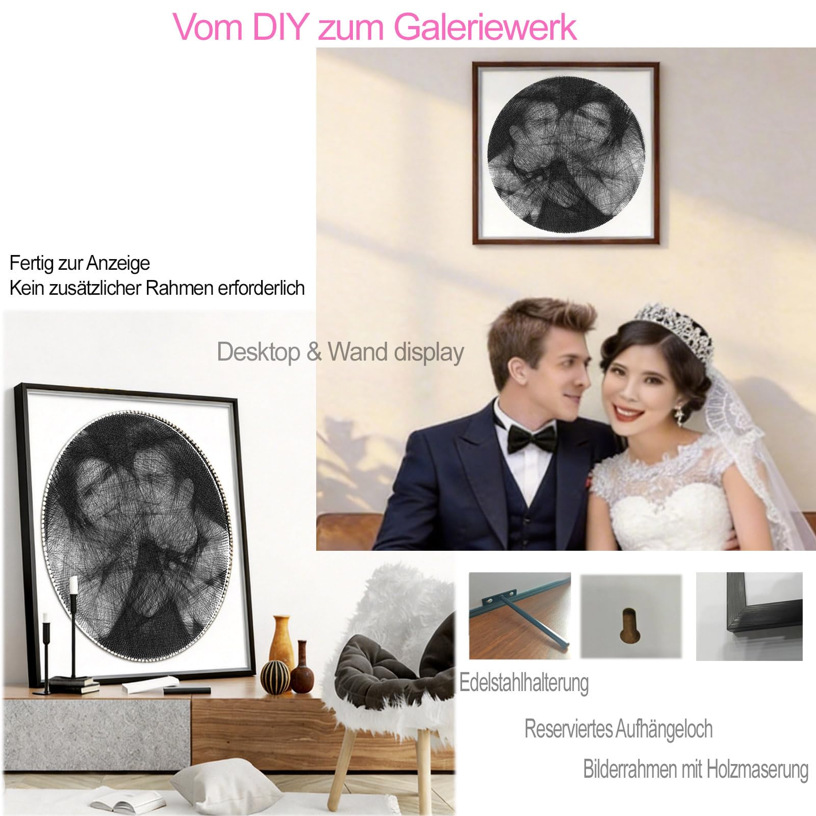 ssmiss Großes String Art Set 40x40cm - 200 Nägel String Art Kit mit Rahmen & Ständer - QR-Code für Video-Anleitung - Schnell in 3-7 Stunden DIY Bastelset- Geschenk für Anfänger, Erwachsene