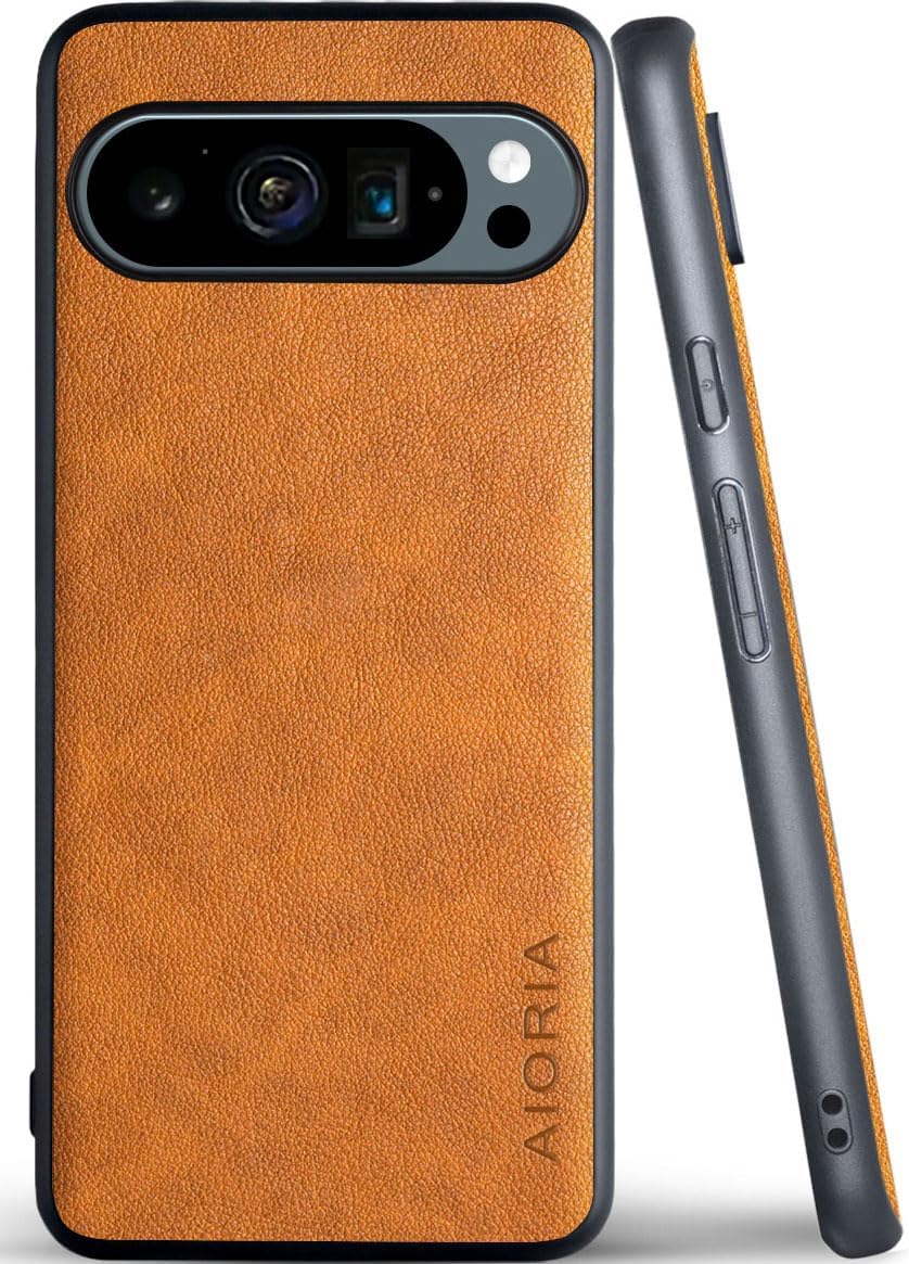 for Google Pixel 9 Pro XL Premium Leather Cover Retro Design Full Protective Phone Case (Orange, for Pixel 9 Pro XL)