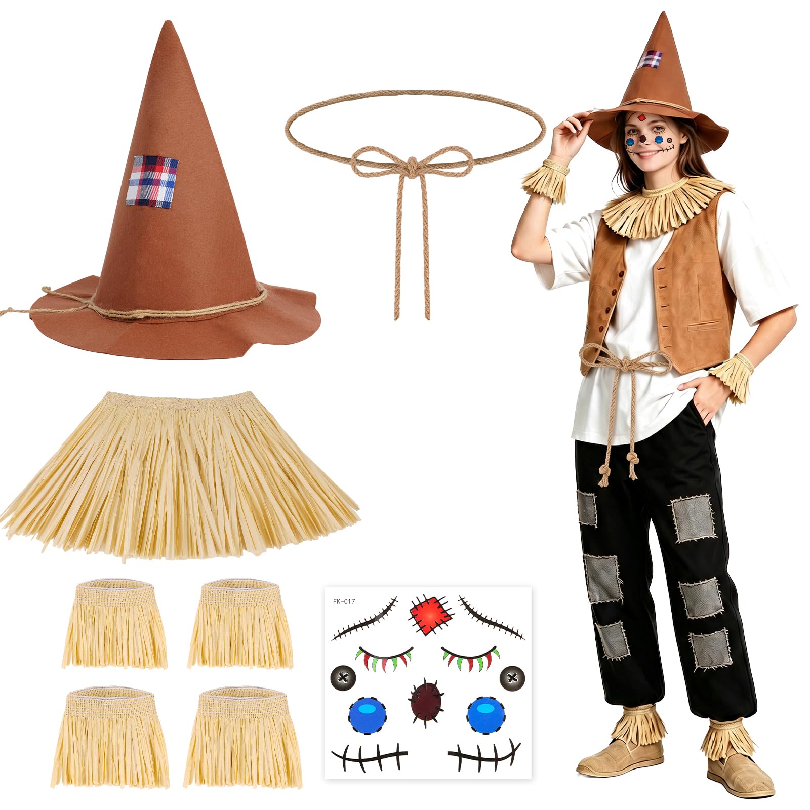 DiULi 8 Piece Scarecrow Costume Set, Brown Felt Hat & Straw Fringe