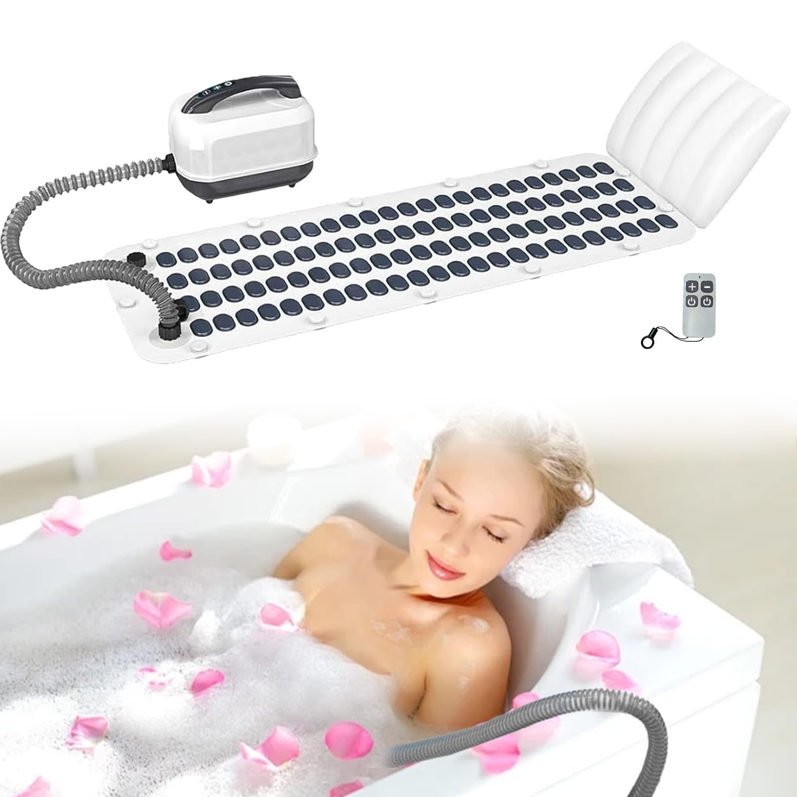 Bath Spa Massage Mat, Home Surfing Massage Bubble Bath Mat with Inflatable Pillow, 6 Gear Adjustment, Remote Control, Portable Spa Bathtub Mat with Suction Cup Bottom