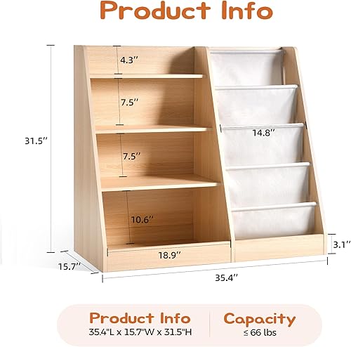 Miniatura 2 de Estantería de madera de 4 niveles para niños pequeños y organizador de almacenamiento de juguetes con cuatro capas para habitación de niños, sala de