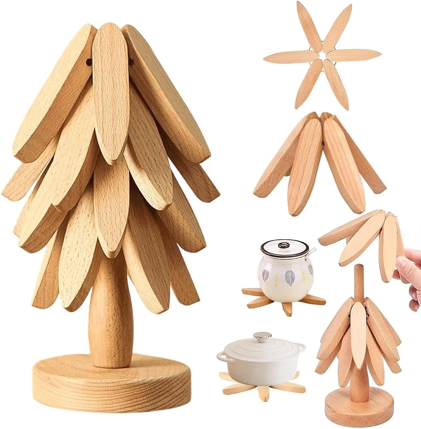 Walnut Wood Tree Trivet Set, 4 Wooden Trivets & 1 Stand Like a Christmas Tree Shape, Foldable Kitchen Wooden for Hotdishes Pot Bowl Teapot Hot Pot Holder(2)
