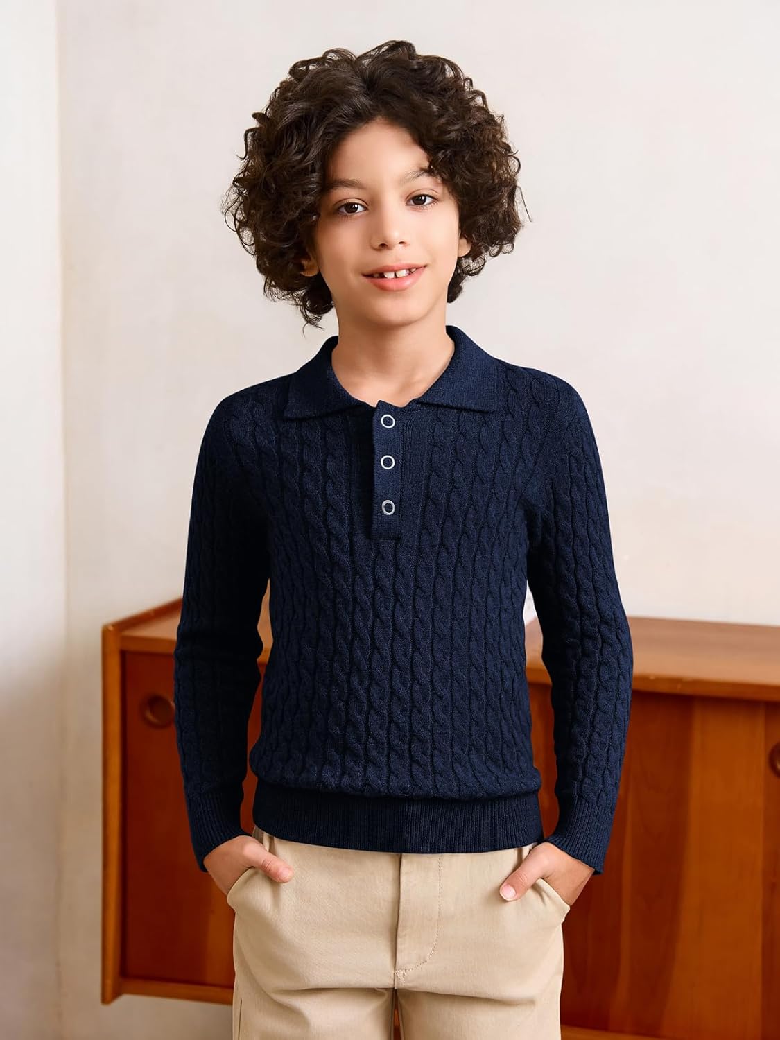 Haloumoning Boys Cable Knit Polo Shirt Kids Long Sleeve Sweater Fall Fashion Clothes 5-14 Years - Image 2
