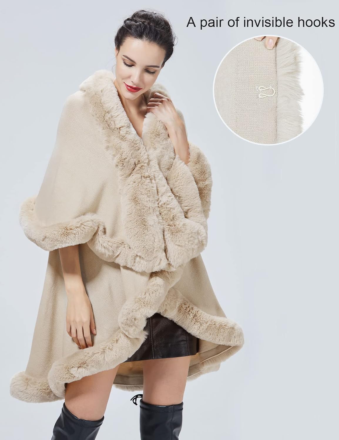 Winter Poncho Shawl Wrap Women Cape Faux Fur Trim Coat Sleeveless Cardigan Dressy Cloak - Image 4