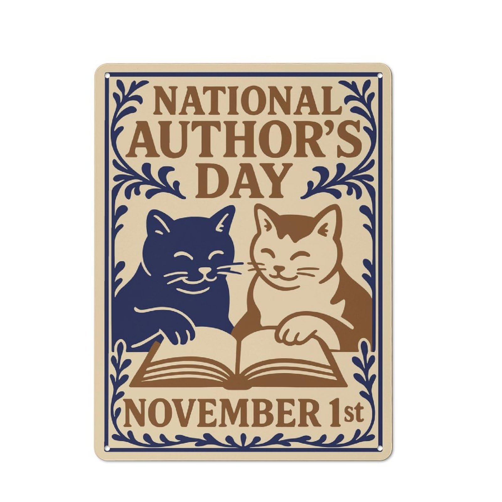 Junmoney Style-23 Vintage Tin Sign 40X30cm With National Authors Day With Cats Reading For Home Bar Wall, Metal Sign Decor For Home Bars And Entertaining Spaces