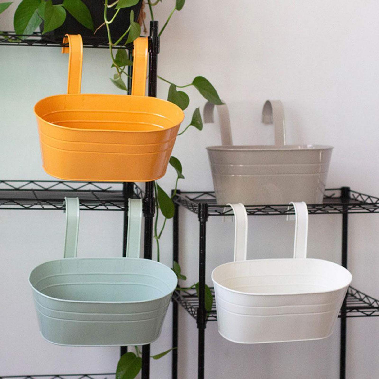 Lot de 4 pots de fleurs à suspendre en métal avec double crochet amovible pour clôture, balcon, jardin