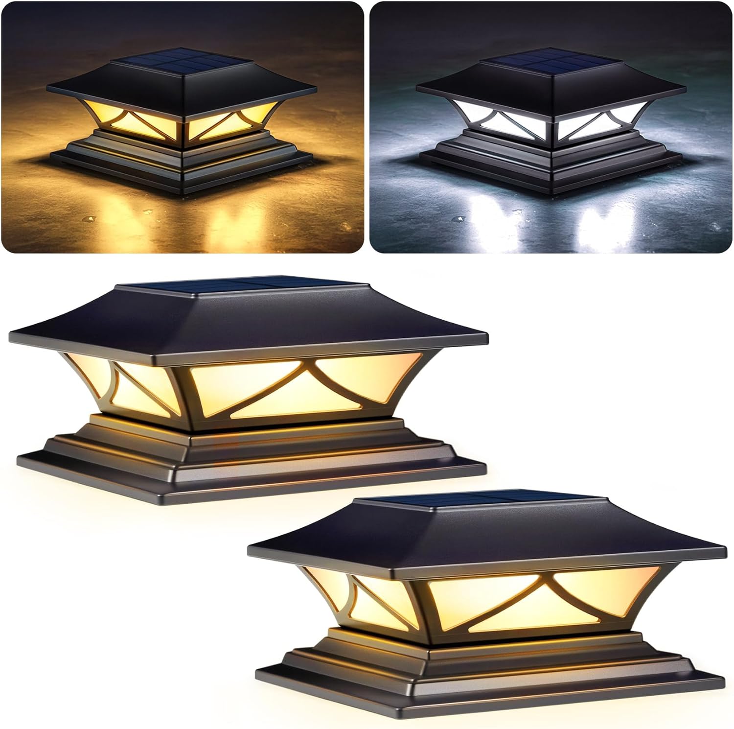 pasamic solar post cap lights 2 pack, solar post lights outdoor waterproof with 2 color modes, ip44 deck solar powered for 4x4, 5x5, 6x6 vinyl/wooden posts, decorate deck, patio, porch, fence