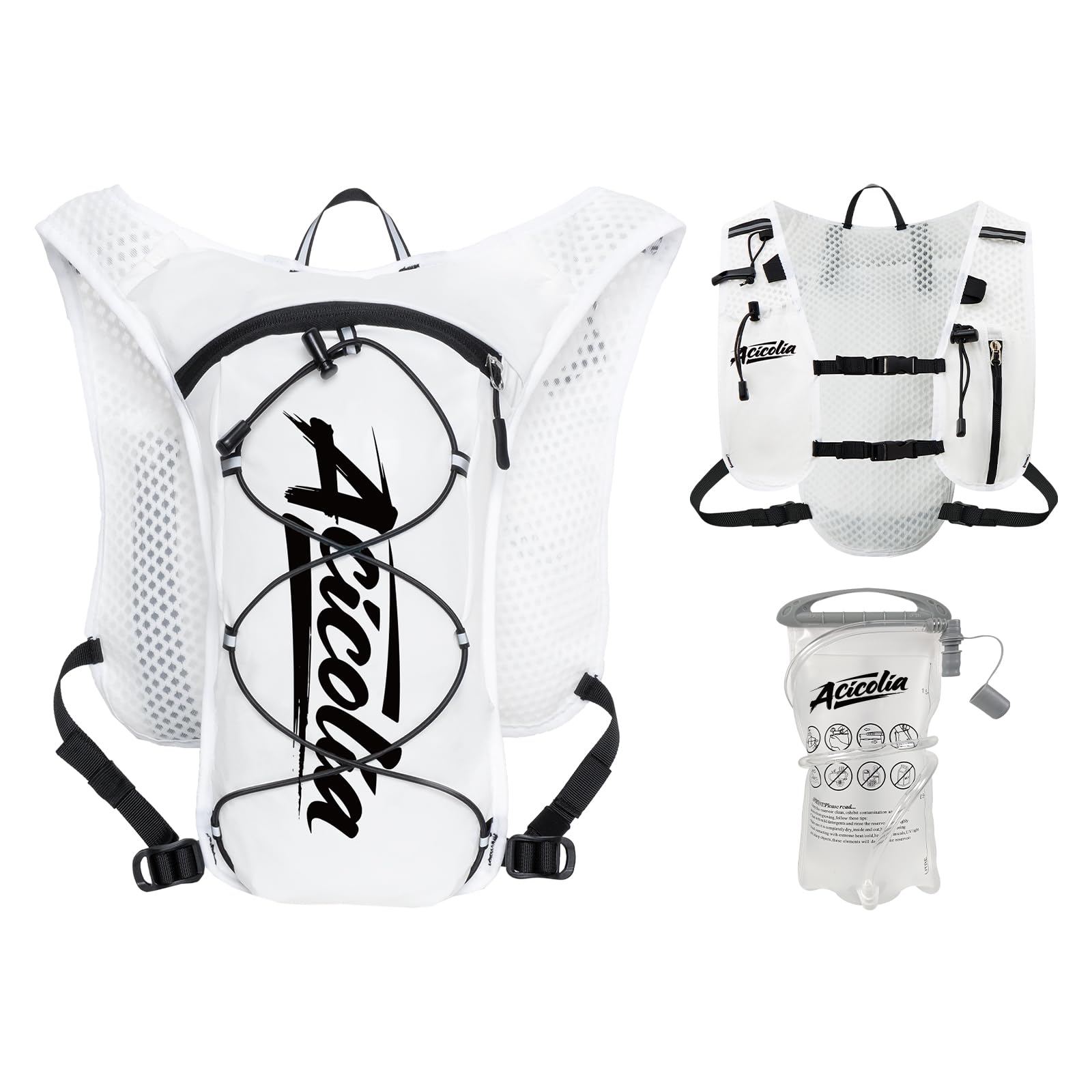 Acicolia Running Vest With 1500ml Water Bladder, Lightweight Reflective Hydration Vest Backpack for Marathons Trail Running Cycling Hiking (White, One Size)