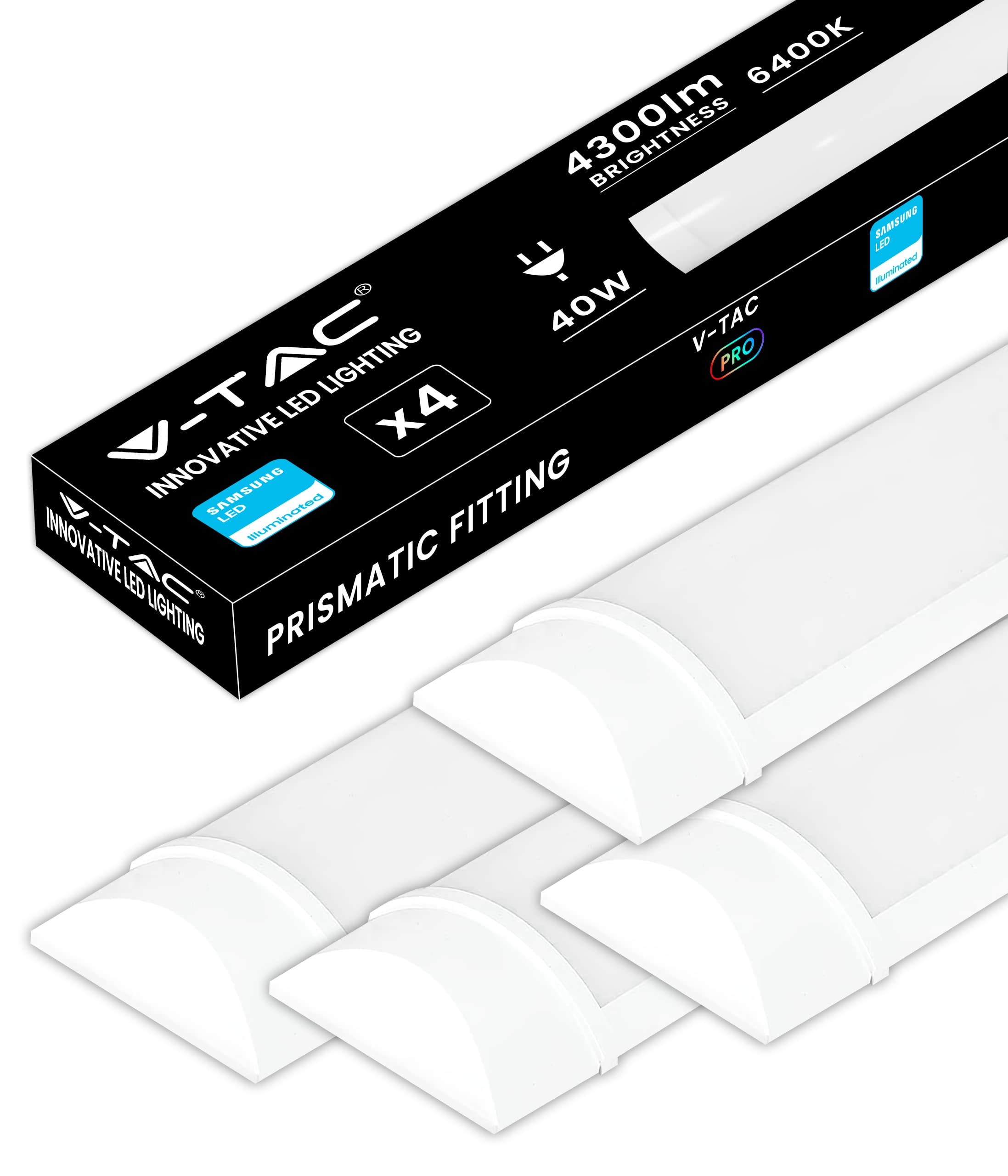 V-TAC 4x Plafoniere LED 120 CM da Soffitto o Parete - 40W - con Chip Samsung - Lampada Rettangolare 4300 Lumen IP20 per Parete, Garage, Negozio - Tubo LED - Luce 6500k Bianca Fredda