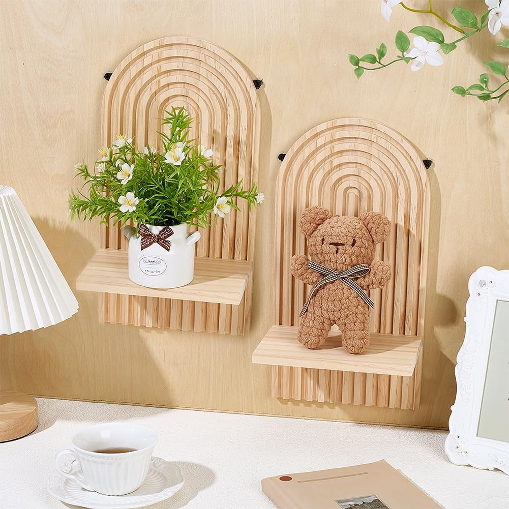 PH PandaHall 2 Set Arch Wall Candle Sconces Boho Wall Decor 13.5x7 inch Natural Wood Rainbow Candle Holder Arched Wooden Hanging Shelves for Bathroom Living Room Bohemian Home Decor, Burlywood