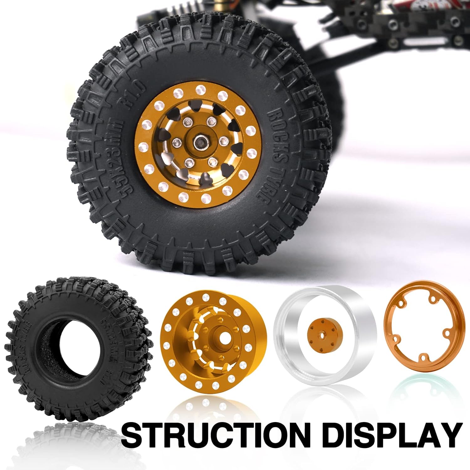 OGRC 1.0 Wheels Deep Dish Rims Negative Offset 7mm Wheels with New Compound 1.0 Tires for Axial SCX24 Gladiator Bronco C10 JLU Deadbolt RC Crawler Upgrades Parts (Orange)