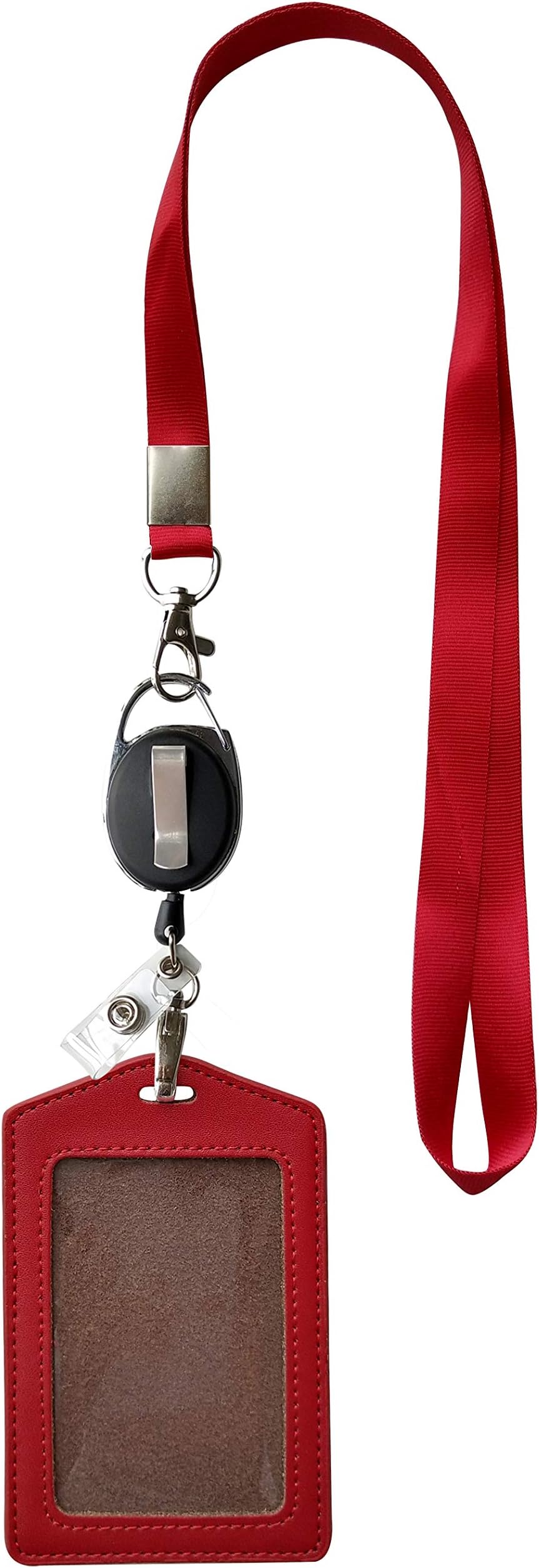 ID Card Case + Heavy Duty Lanyard (Red)+ Badge Holder Retractable Reel Carabiner and Plastic Clip