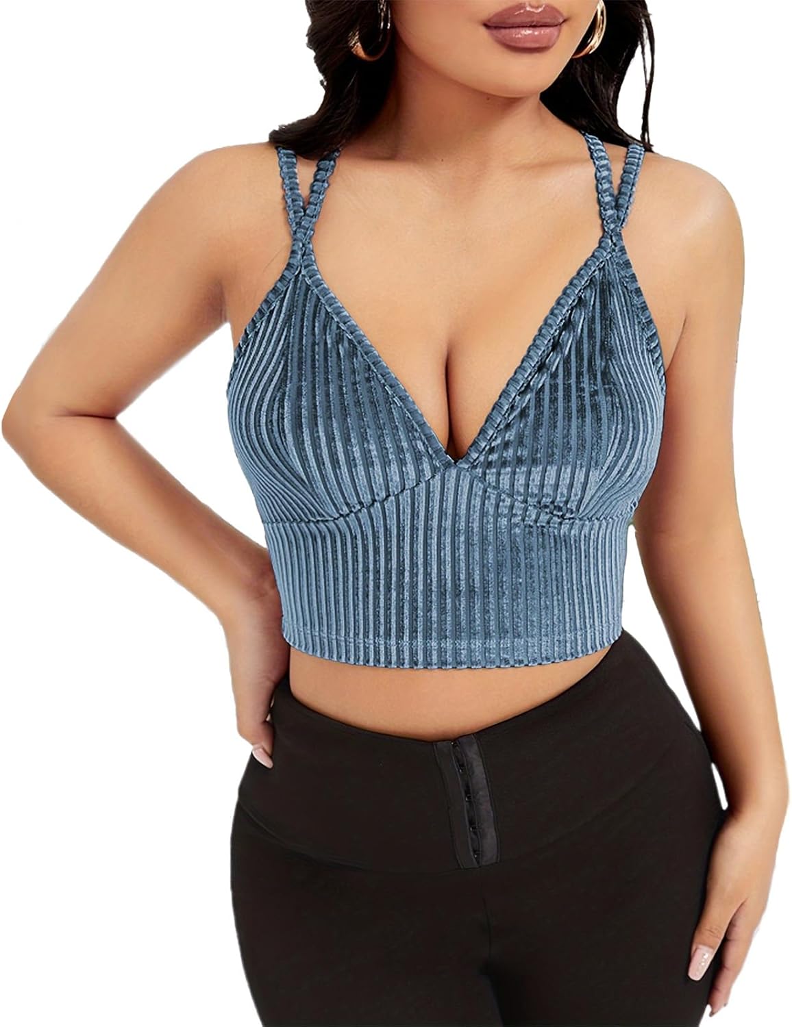 HDZIYU Women's Black Velvet Ribbed Crisscross Back Crop Cami, Sexy V Neck Slim Fit Tank Top, Standard XS-XL for Daily Party