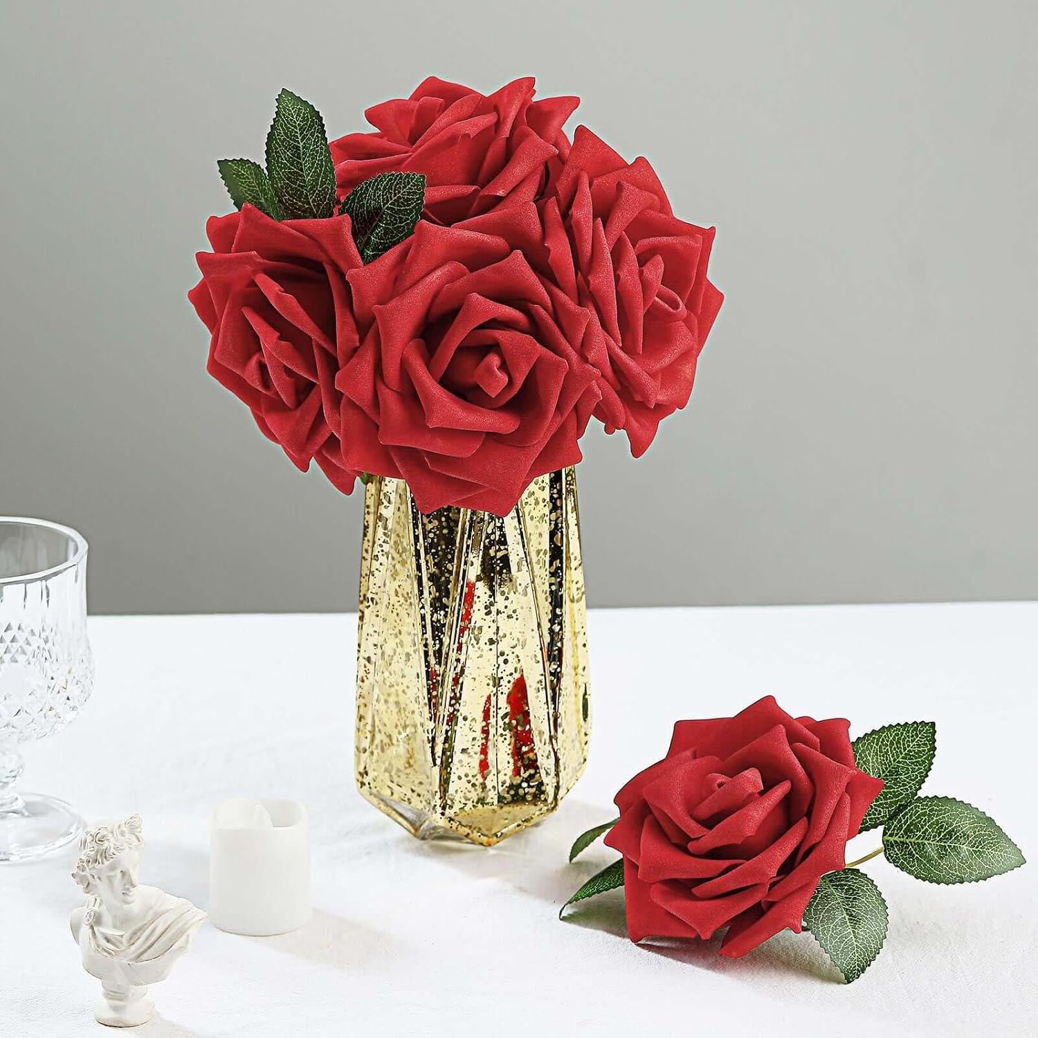 Efavormart Pack of 24 | 5-Inch Large Red Artificial Foam Roses with Stems and Leaves, Jumbo Real Touch Flowers for Passionate Romantic Decor and Galas