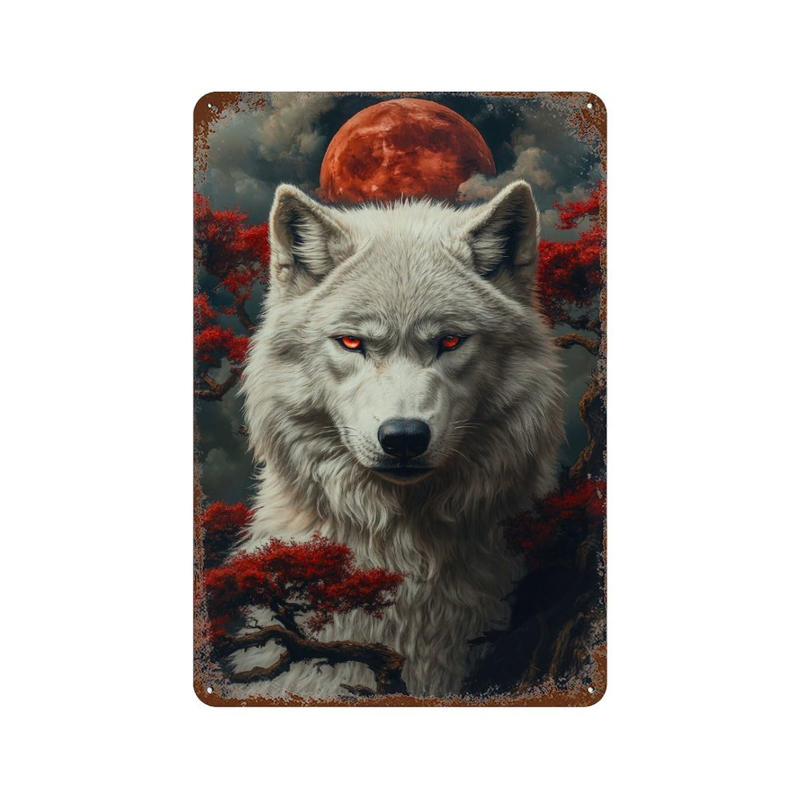 White Wolf Under Blood Moon Vintage Metal Tin Sign 11.8"x7.9", Ideal for Living Room, Hallway And Home Decor