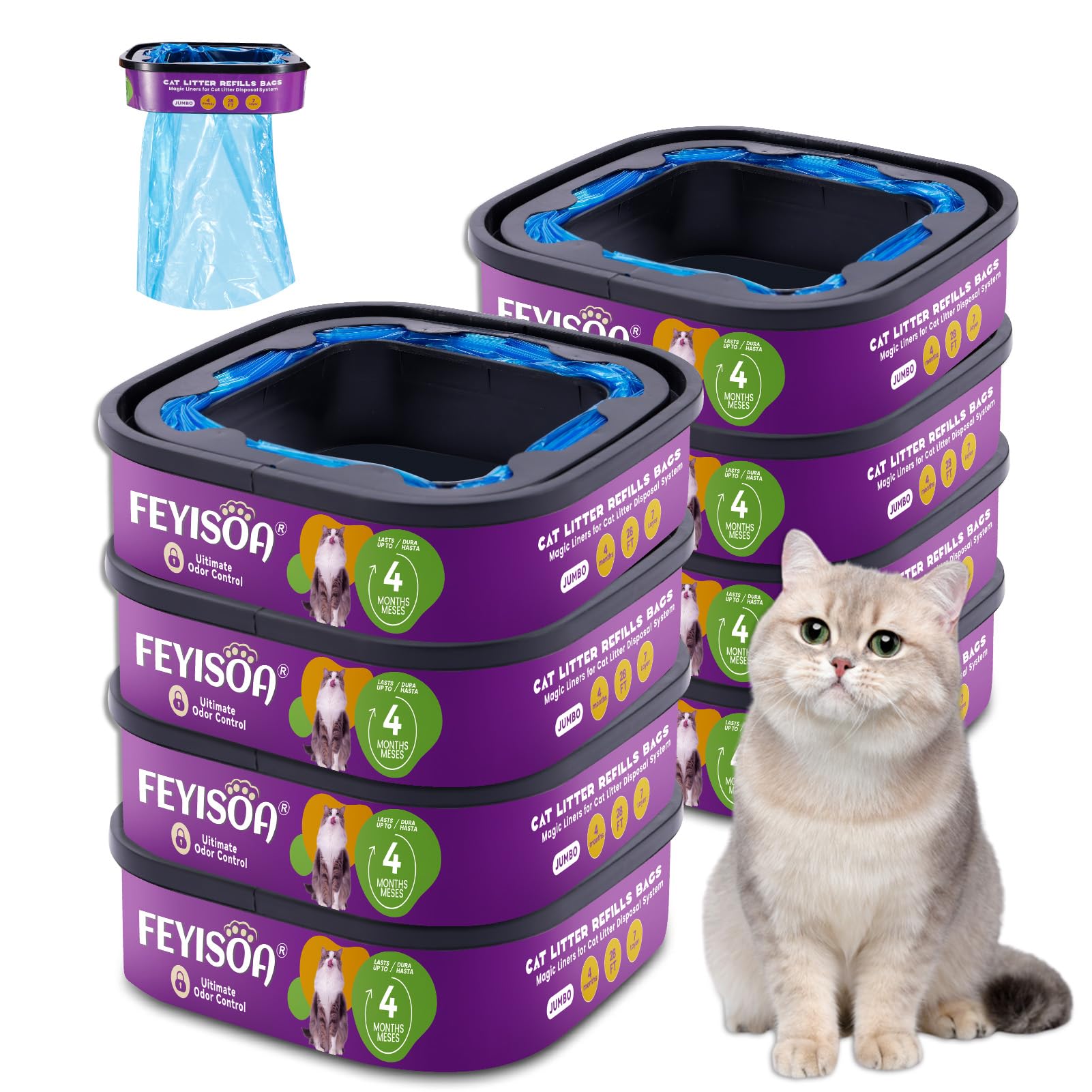 Refill Bags | Jumbo 28FT, 8-Pack | Up to 32 Months Supply | 8 Cartridges for Superior Odor Control