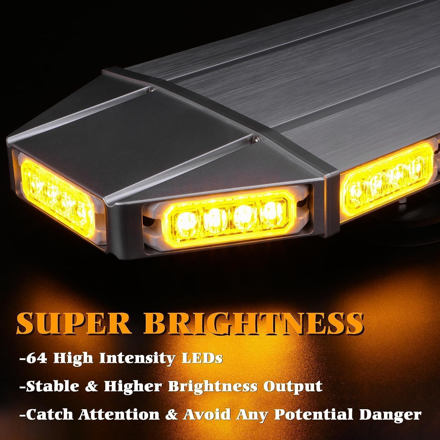 71 cm Barra de luz estroboscópica de emergencia, 64 LED 21 modos intermitentes, base magnética resistente a la intemperie, camiones de construcción, quitanieves (ámbar)