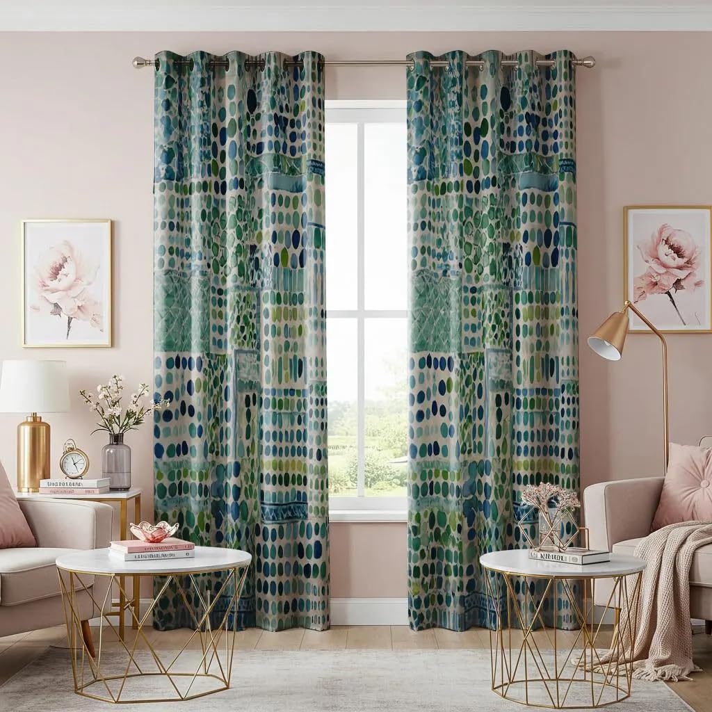 Rideaux à pois abstraits pour habiller les fenêtres du salon