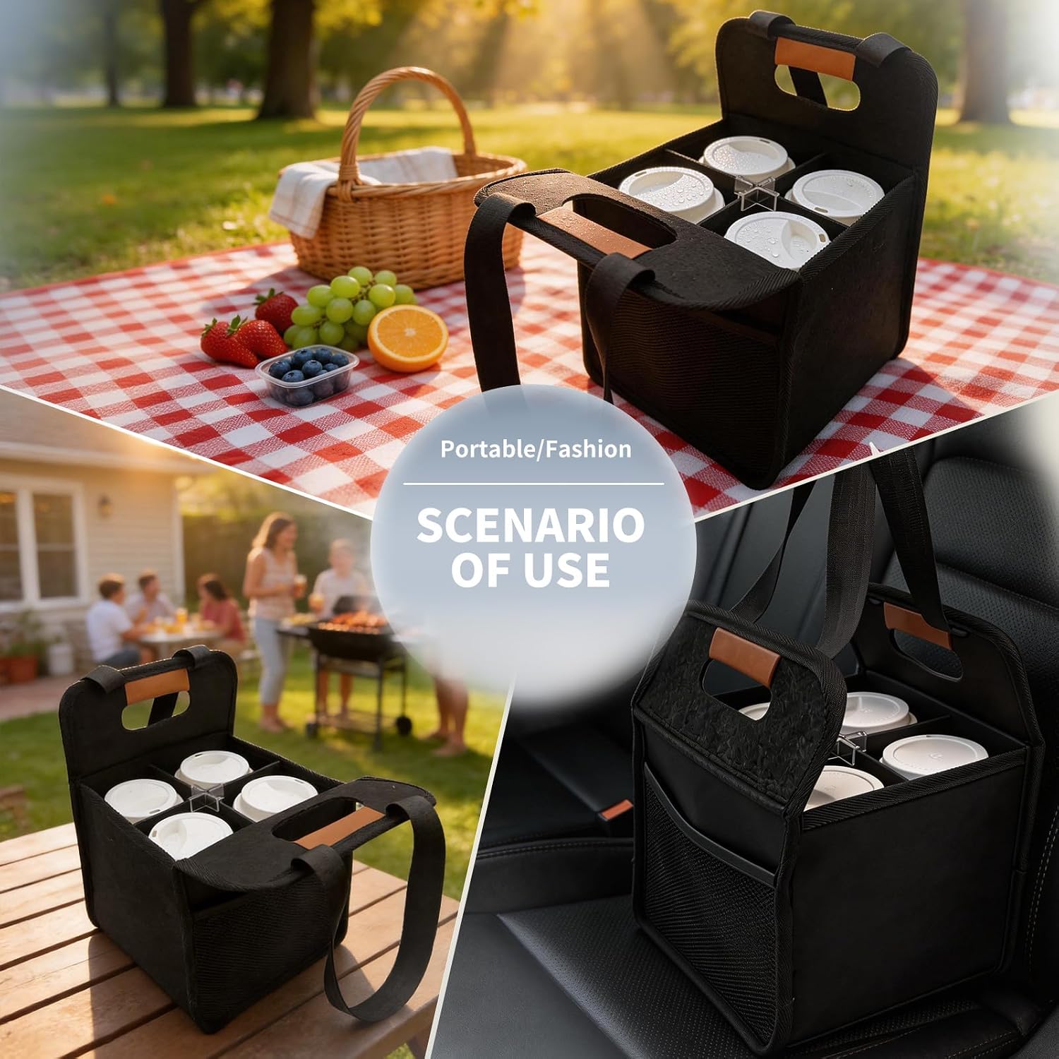 Reusable 4 Cup Drink Carrier with Handle and Detachable Dividers, Portable Drink Carrier, Foldable Coffee Cup Holder for Hot & Cold Drinks (Black)