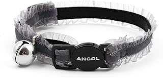 Ancol Sicherheits-Katzenhalsband mit grauen Samt-Rüschen, bequemes Haustierzubehör mit abbrechbarer Schnalle, Kätzchen-Training, Spazierengehen, Nackenband