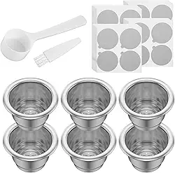 6 cápsulas de café recarregáveis com 100 tampas de folha de alumínio, conjunto de cápsulas de café reutilizável de aço inoxidável para Originalline, filtros de café expresso, cápsulas de café expresso