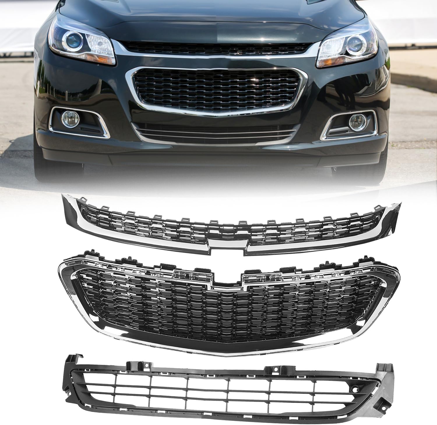 3Pcs Front Bumper Grille Upper & Center & Lower Grill Assembly Compatible with 2014-2016 Chevrolet Malibu GM1200675 GM1200682 GM1036160