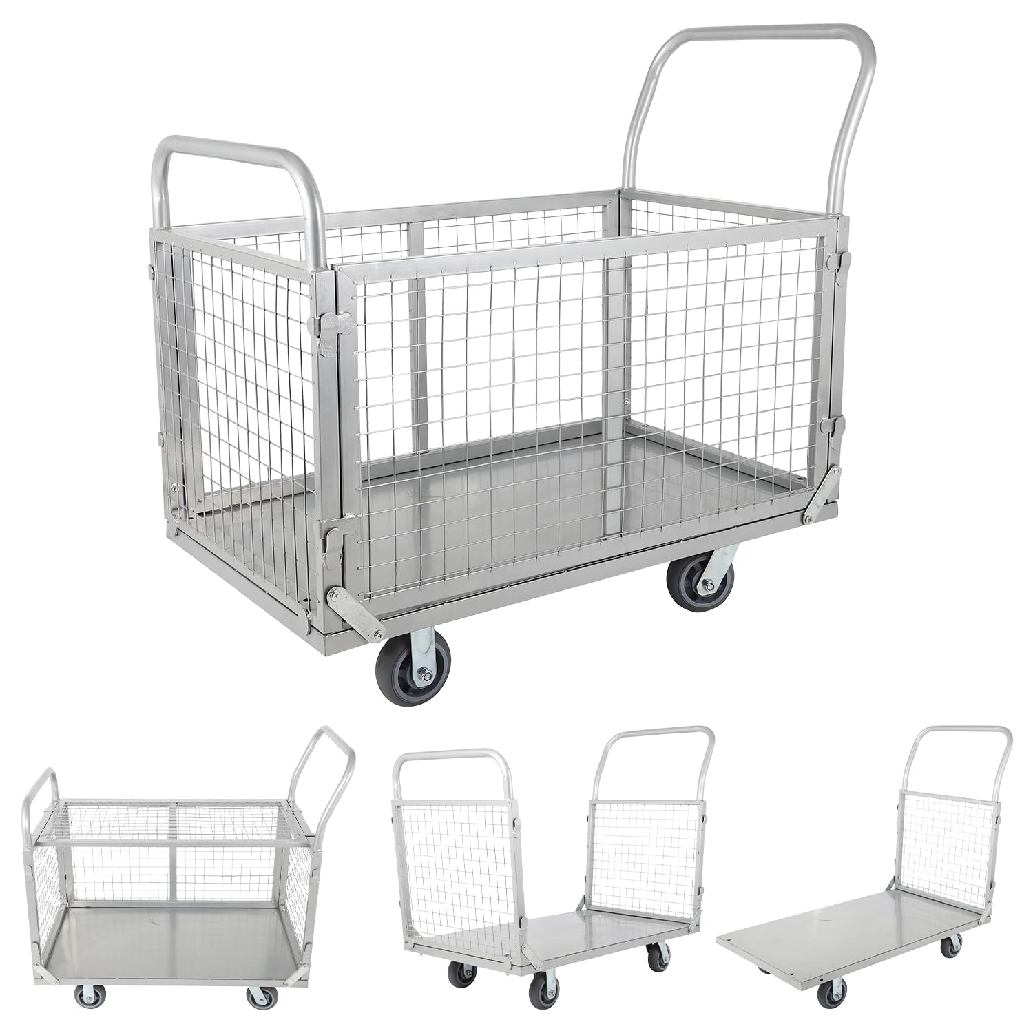 Platform Truck Cart with Cage 4in1 Foldable Heavy Duty Platform Truck Cart, Dolly with Swivel Wheels 1800Lbs Capacity Trolley with Wheels,