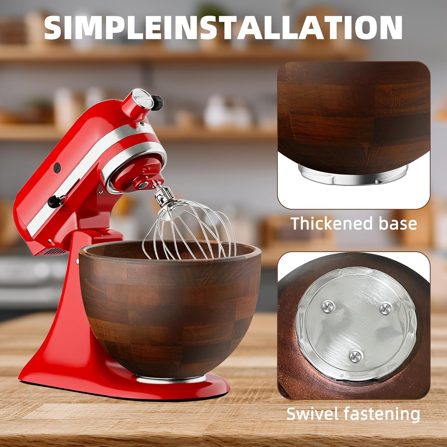 Premium Walnut Wood Mixing Bowl Compatible with KitchenAid 4.5 & 5 QT Tilt-Head Models – Natural Food-Grade Walnut Wooden Bowl with Stainless Steel Locking Base | 5QT