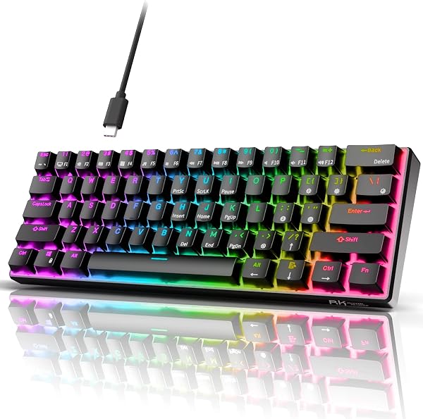 RK ROYAL KLUDGE RK61 Wired 60% Mechanical Gaming Keyboard, Compact PC Game Keyboards with QMK/VIA Programmable RGB Backl
