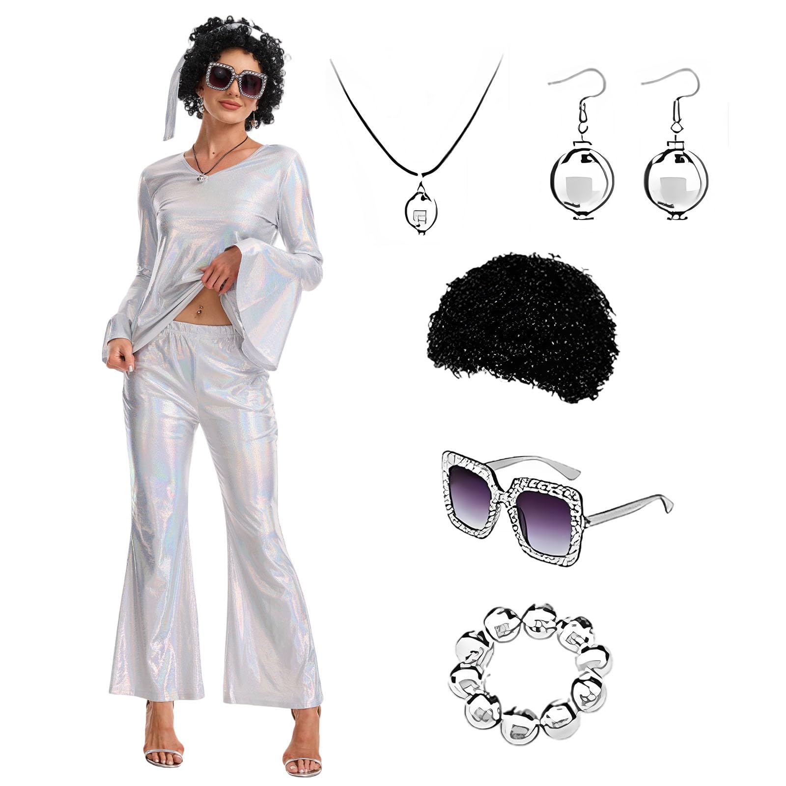70s Womens Glittery Disco Costume Set,Disco Outfits,Abba Costume Damen | Abba Disco Outfits For Women,Create Dazzling Look For A 70s Disco Night,Suitable Disco Nights,Halloween,And Themed Parties